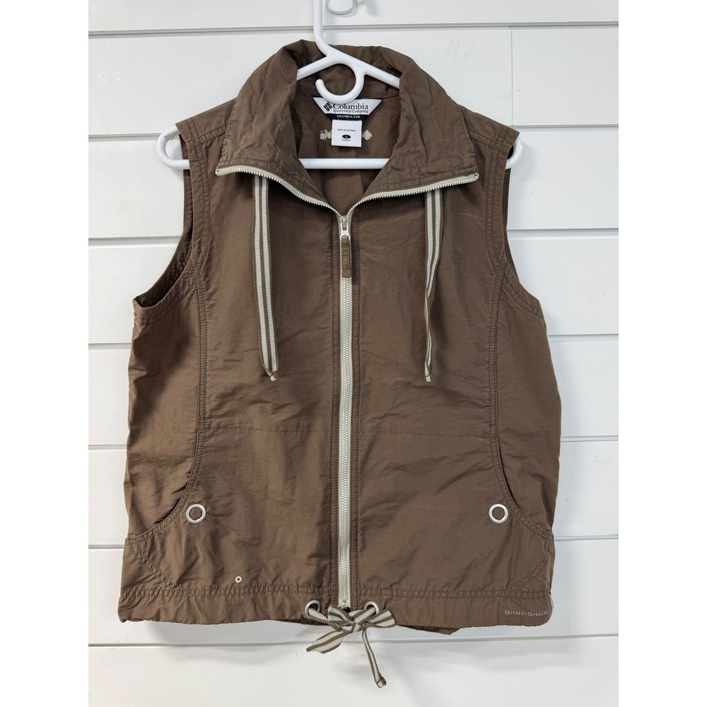Columbia Womens Omni-Shade Full Zip Hiking Vest Brown Large Drawstring Hem